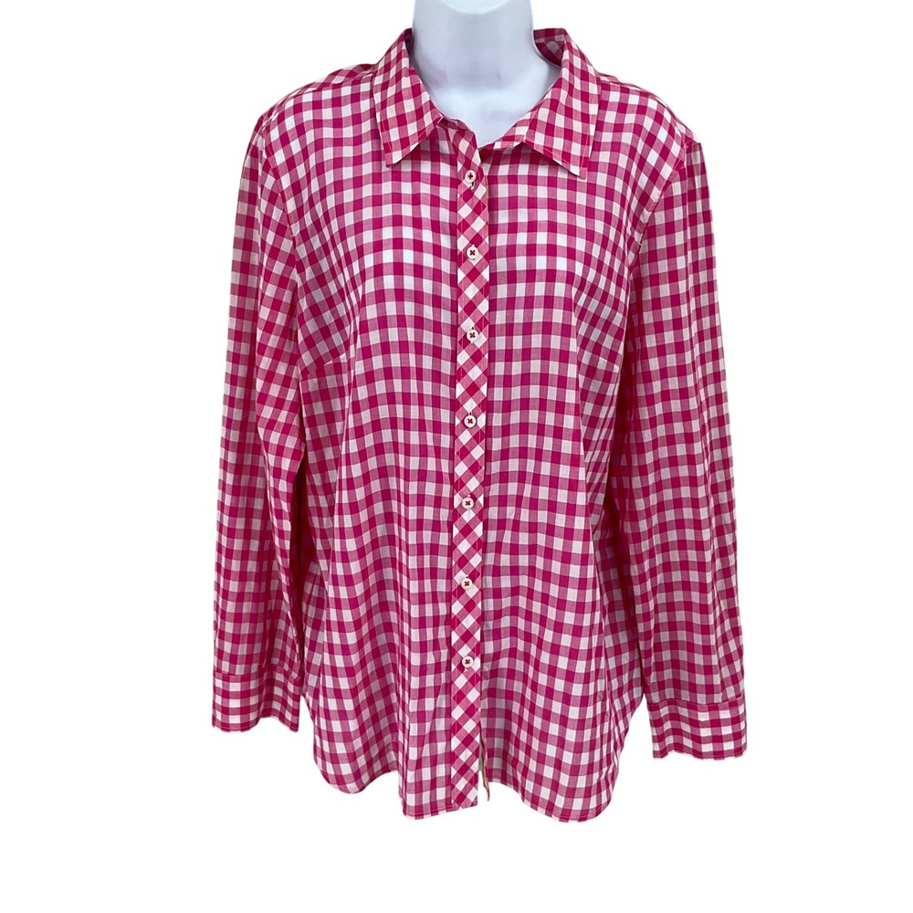 Talbots Button Down Shirt Womens XL Pink Gingham Cotton Classic Preppy